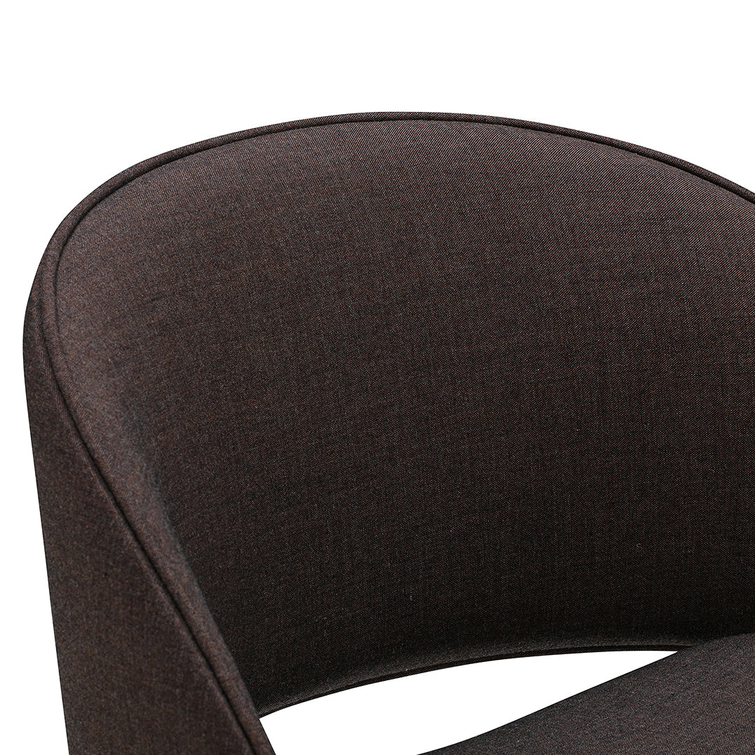 Brown textured fabric armchair with a smooth, curved silhouette, perfect for modern decor.