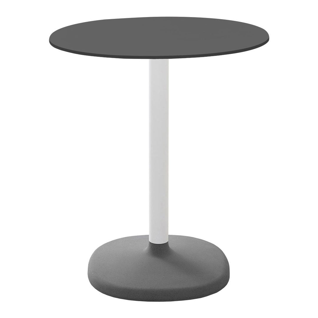 Modern round table featuring a sleek black top, white pole, and gray base for a minimalist look. Perfect for contemporary spaces.