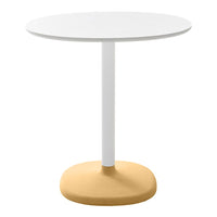 Round table with a sleek white top and a vibrant yellow base, featuring a modern, minimalist design.