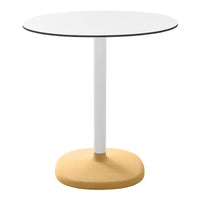 Round table with a white top, black edge, and a sleek yellow base, perfect for modern decor.