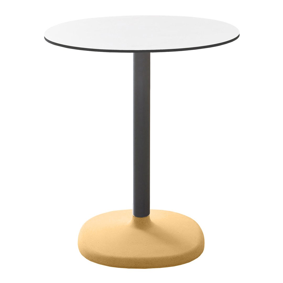 White round tabletop with a sleek grey base and a vibrant yellow pedestal. Modern minimalist design.