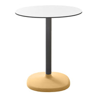White round tabletop with a sleek grey base and a vibrant yellow pedestal. Modern minimalist design.