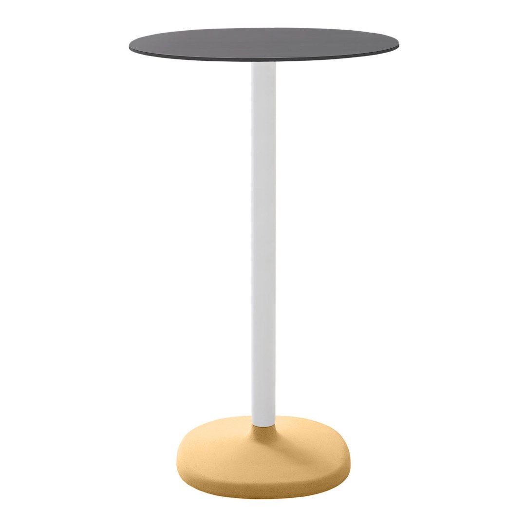 Round table with a sleek black top, white stem, and a modern yellow base. Perfect for contemporary interiors.