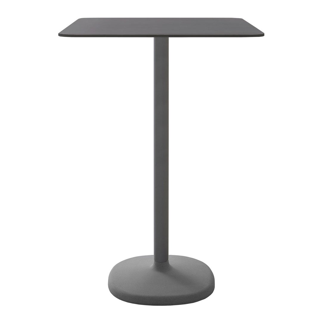 Gray modern bar table with a square top and round base, featuring a sleek, minimalist design.
