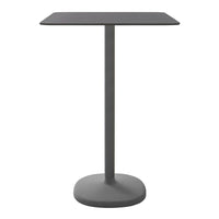 Gray modern bar table with a square top and round base, featuring a sleek, minimalist design.