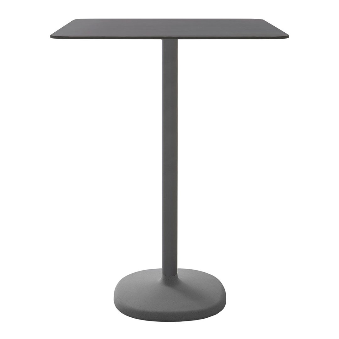 Sleek gray table with a square top and round base, featuring a minimalist design and smooth finish.
