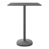 Sleek gray table with a square top and round base, featuring a minimalist design and smooth finish.