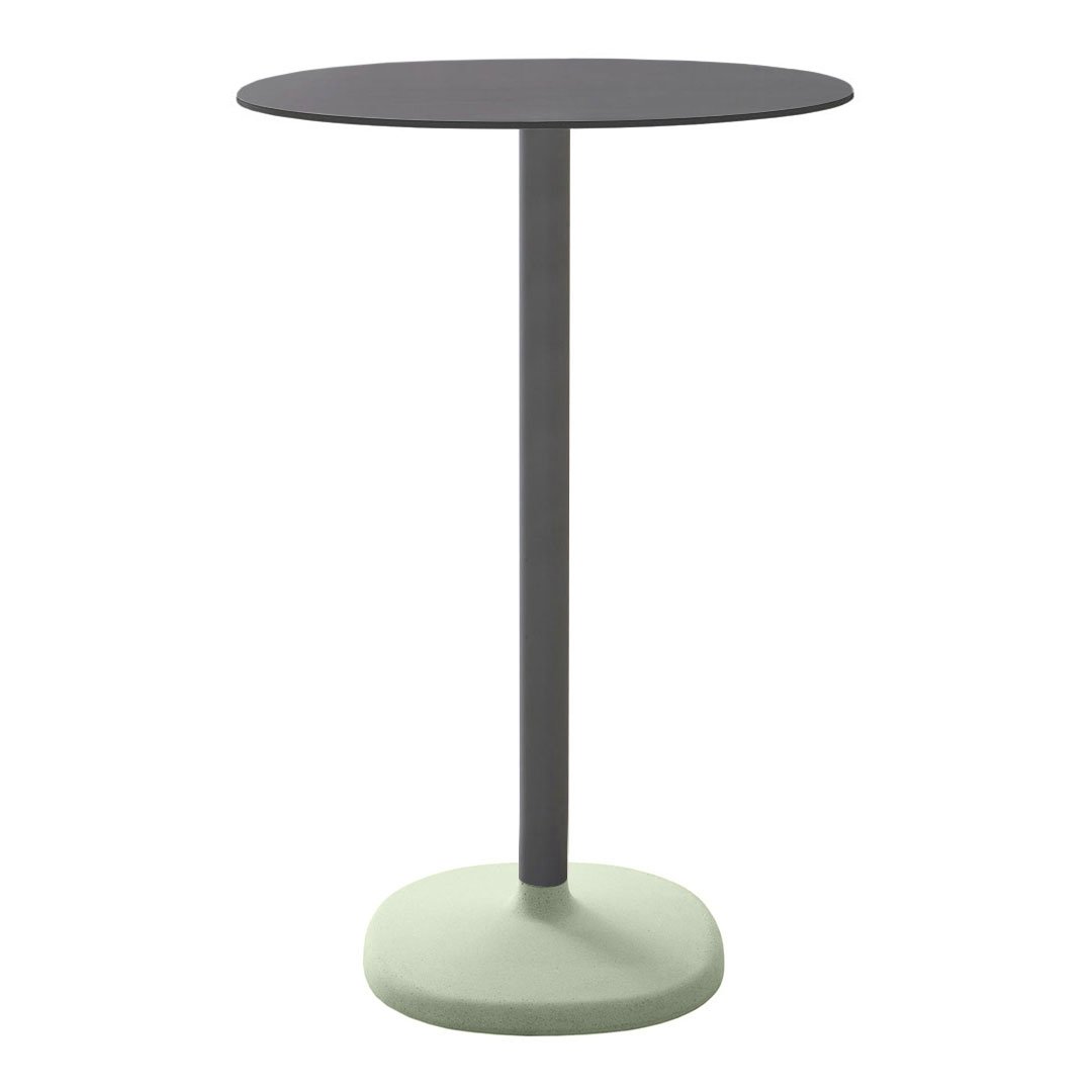 Modern round side table in matte black top with a sleek, light green base. Minimalist design perfect for any space.