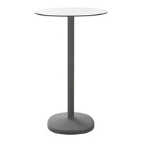Elegant round table with a sleek white top and a modern gray base, perfect for any contemporary space.