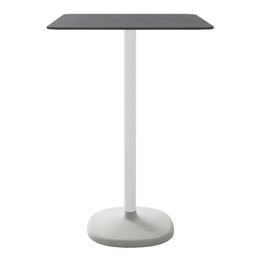 Black square tabletop with a smooth finish and a white cylindrical base, creating a modern contrast.