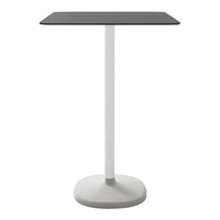 Black square tabletop with a smooth finish and a white cylindrical base, creating a modern contrast.