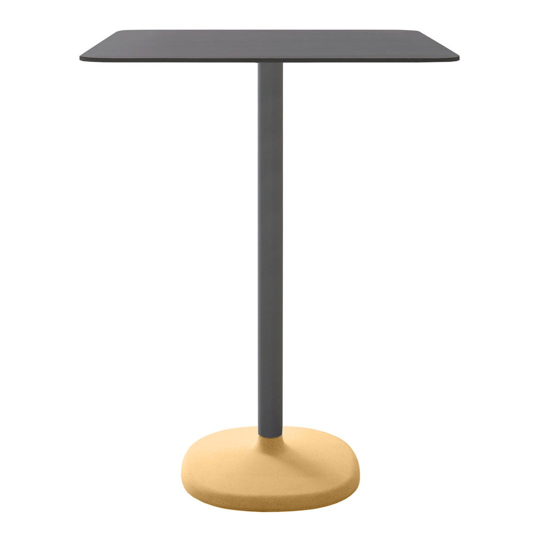 Square table with a black top and a round yellow base, offering a modern color contrast and sleek design.