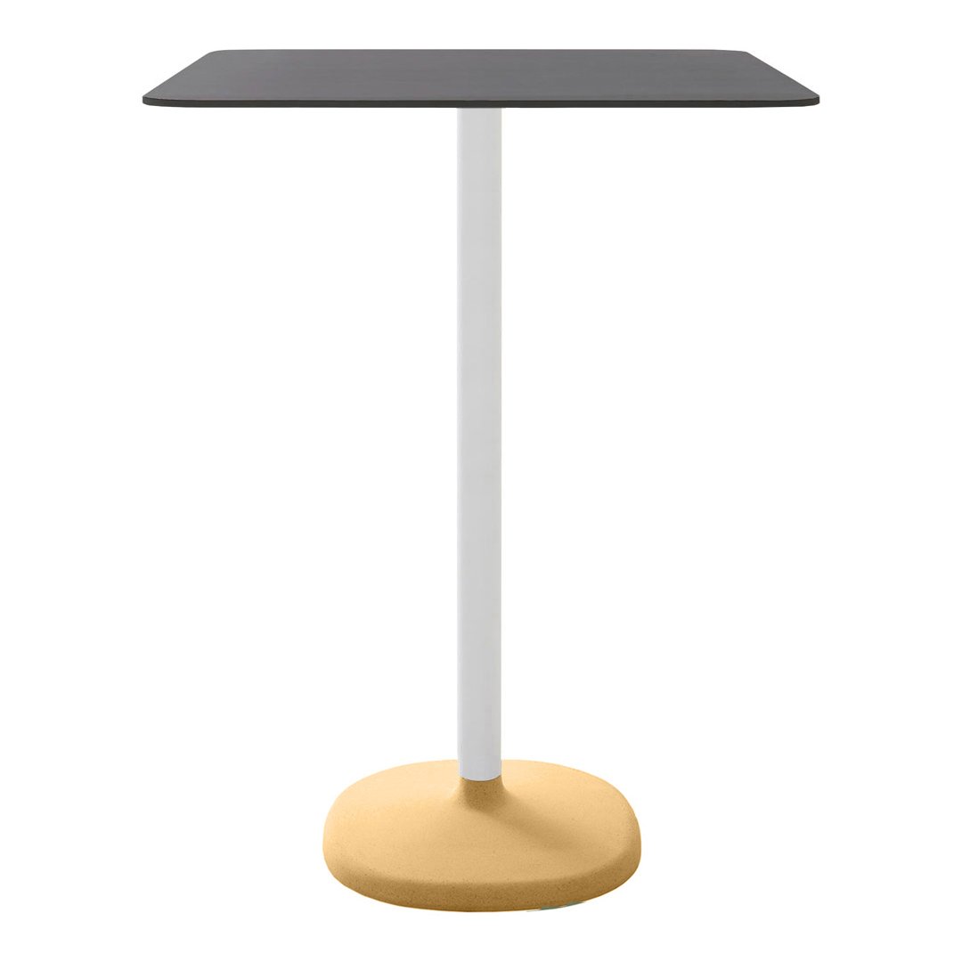 Modern bistro table featuring a black square top, white pedestal, and a round yellow base. Perfect for contemporary spaces.