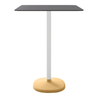 Modern bistro table featuring a black square top, white pedestal, and a round yellow base. Perfect for contemporary spaces.