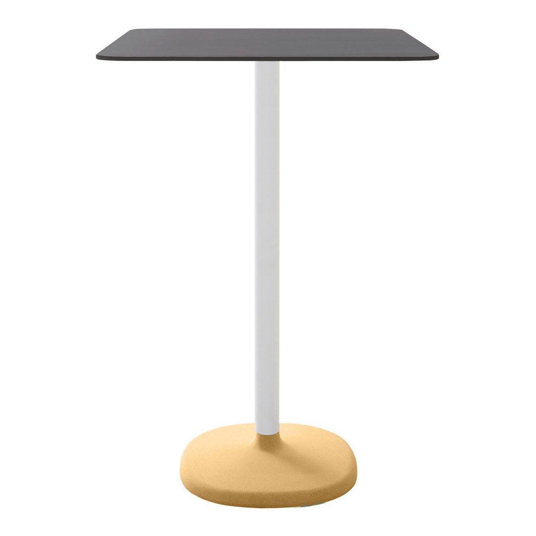 Black square tabletop, white pole, and yellow rounded base create a modern and stylish appearance.