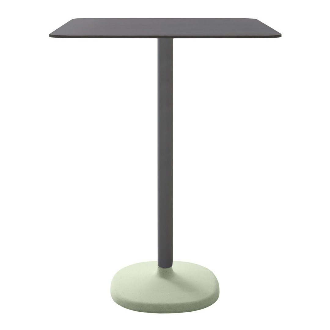 Modern square table with a dark gray top and a light green circular base, featuring a sleek, minimalist design.