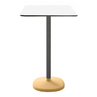White square tabletop with a sleek gray metal stand and a round yellow base. Modern and minimalist design.