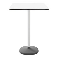 Square dining table with a sleek white top and a gray base, featuring a minimalist modern design.
