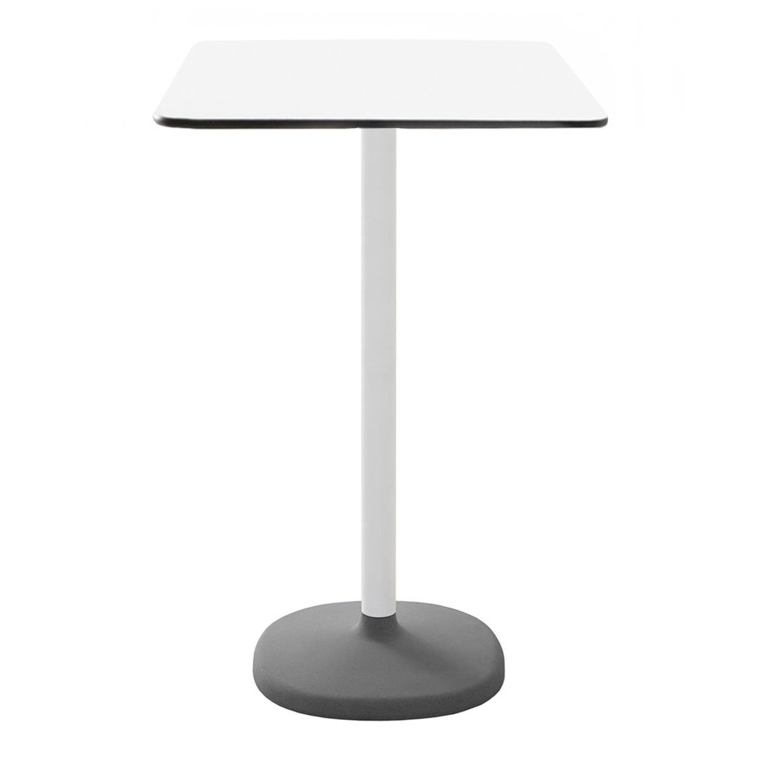 Modern white tabletop with a thin black edge and sleek gray pedestal base. Minimalistic design for stylish spaces.
