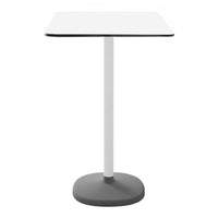 Modern white tabletop with a thin black edge and sleek gray pedestal base. Minimalistic design for stylish spaces.
