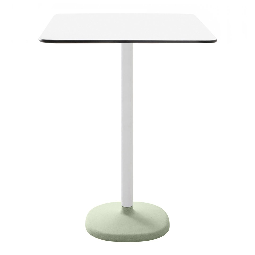 Modern square table with a white top, sleek black edge, and a soft green base. Simple, minimalist design.