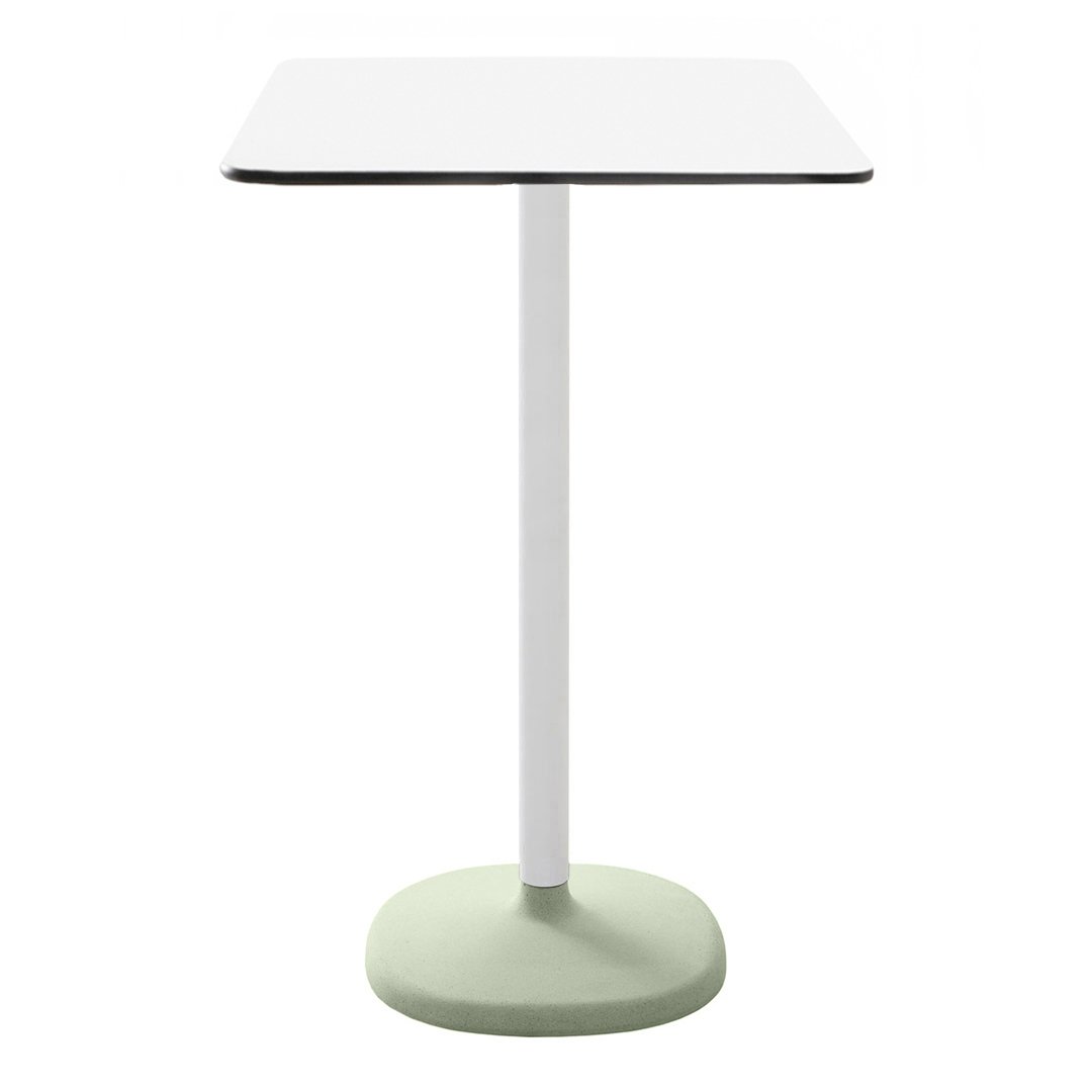 Modern square table with a white top, sleek black trim, and a soft green base. Perfect for contemporary spaces.