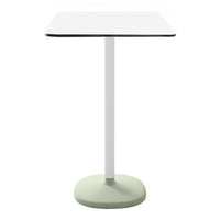 Modern square table with a white top, sleek black trim, and a soft green base. Perfect for contemporary spaces.
