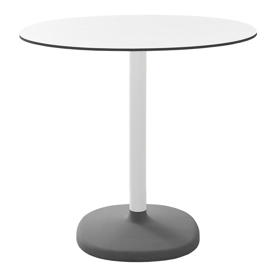 White round tabletop with a thin black edge, supported by a sleek white stem and a dark gray circular base.