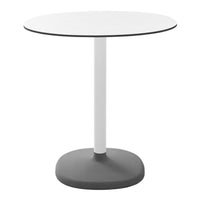 Round table with a sleek white top, contrasting black edge, and a sturdy gray base. Modern, minimalistic design.