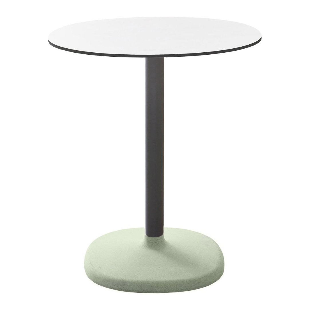 Modern round table featuring a white top, gray stem, and a soft green base. Sleek and minimalist design.