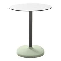 Modern round table featuring a white top, gray stem, and a soft green base. Sleek and minimalist design.