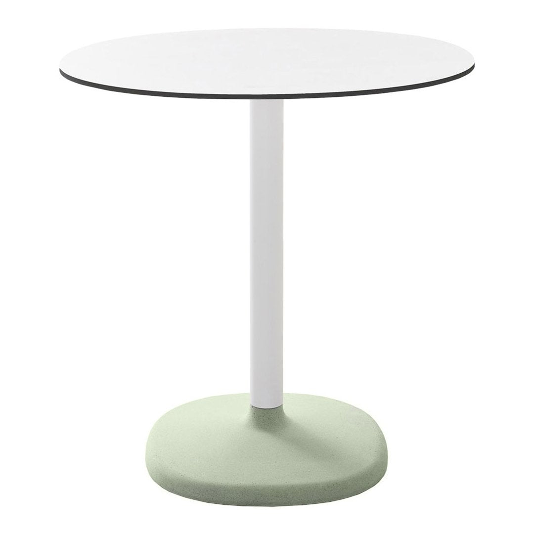 Round bistro table with a white top, black edge, and a mint green base, perfect for modern dining spaces.