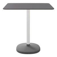 Gray rectangular tabletop with a sleek white pole and round gray base. Modern and minimalist design for contemporary spaces.