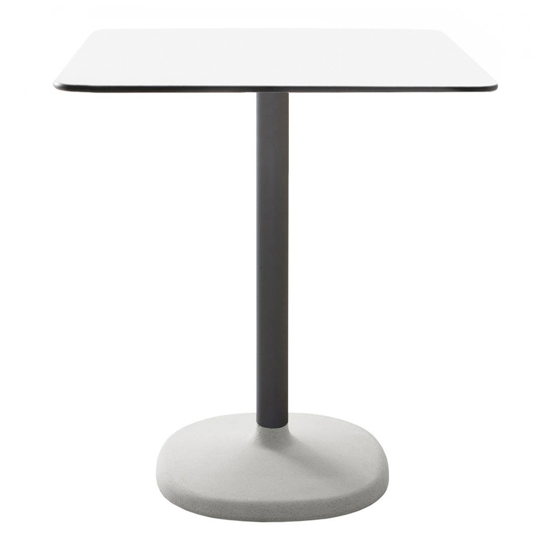 Modern square table featuring a white top and gray pole with a round base, ideal for minimalist decor.