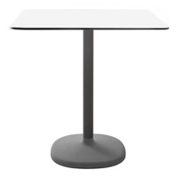 Modern square table featuring a sleek white top and a sturdy gray base. Simple, clean design for versatile use.