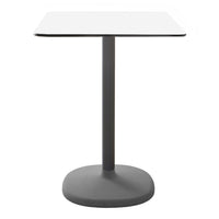 Square white tabletop with a sleek gray pedestal base, featuring a modern and minimalist design.
