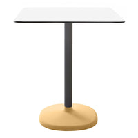 Modern square table with a white top, sleek black stem, and a round yellow base, perfect for stylish spaces.