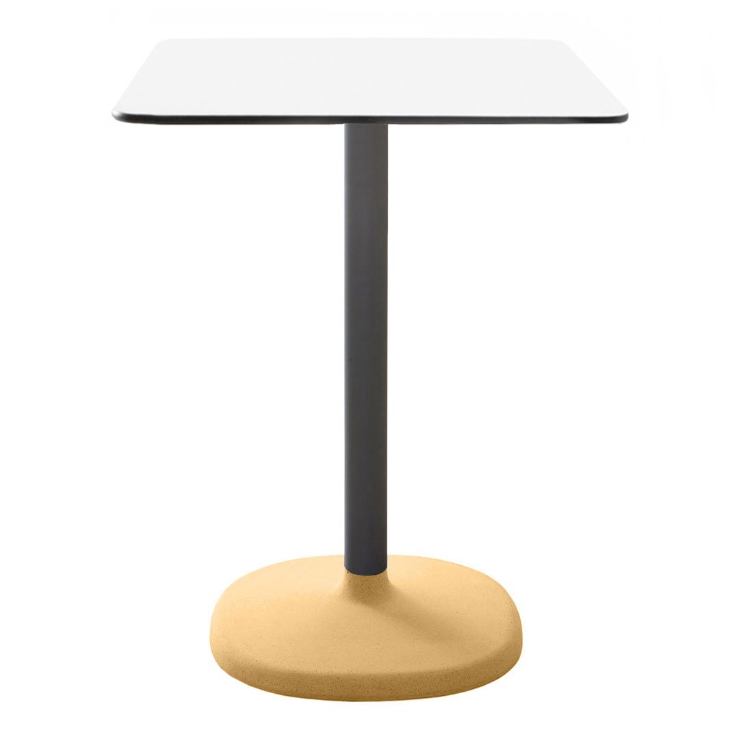 Modern square table with a white top, dark gray stem, and a round yellow base. Perfect for contemporary decor.