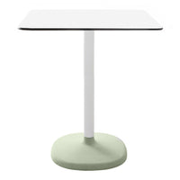Square table with a white top, black rim, and a light green base, showcasing a modern and minimalist design.