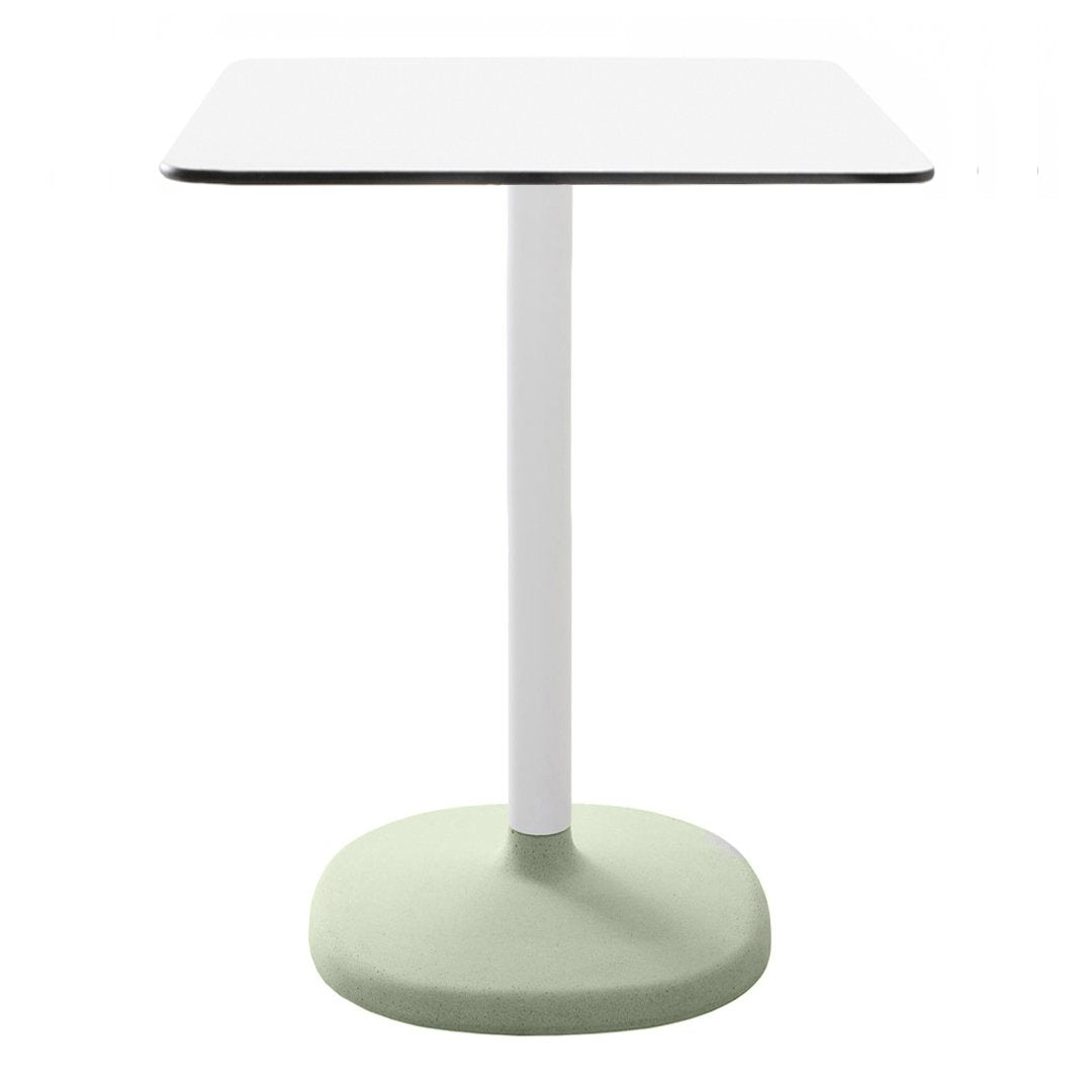 White square tabletop with a sleek black edge and a rounded mint green base, creating a modern color contrast.