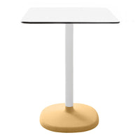 White square tabletop with a black edge and a round yellow base, creating a modern, minimalist design.
