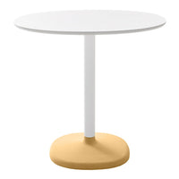 Modern round table with a sleek white top and a minimalist yellow base, perfect for contemporary spaces.