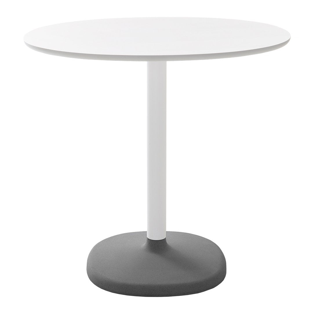 Modern round table with a sleek white top and a gray round base, perfect for minimalist decor.