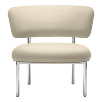 Beige upholstered chair with a smooth, curved back and chrome legs, showcasing a minimalist design.
