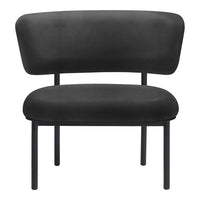 Black upholstered chair with a smooth, minimalist design and sleek black metal legs. Perfect for modern decor.