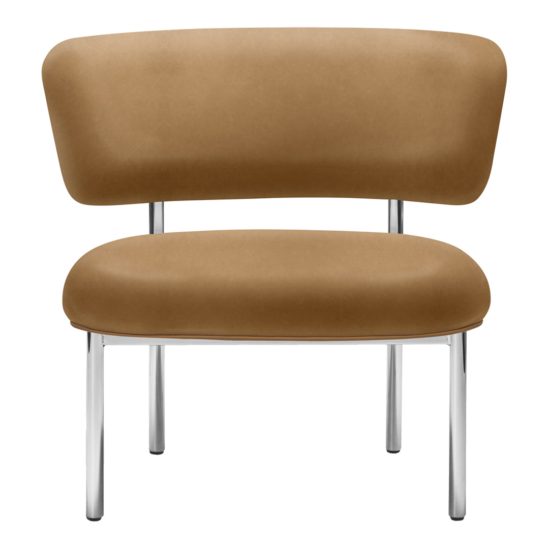 Brown velvet chair with a sleek chrome base, featuring a minimalist design and smooth, curved upholstery.