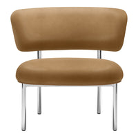 Brown velvet chair with a sleek chrome base, featuring a minimalist design and smooth, curved upholstery.