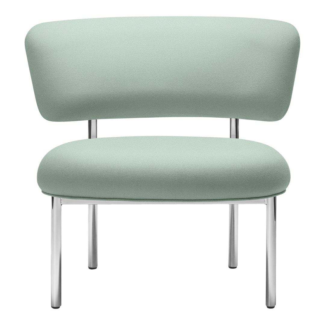 Soft mint green chair with a smooth, minimalist design and sleek chrome legs, perfect for modern decor.