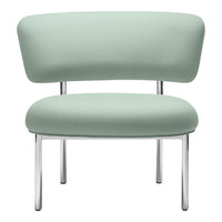 Soft mint green chair with a smooth, minimalist design and sleek chrome legs, perfect for modern decor.