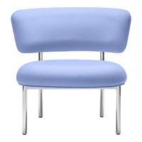 Soft blue plush chair with a sleek chrome frame, featuring a minimalist design and curved backrest. Ideal for modern decor.